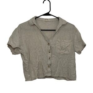 Love Notes Womens Oatmeal Beige Linen Blend Short Sleeve Button Down Crop Top L